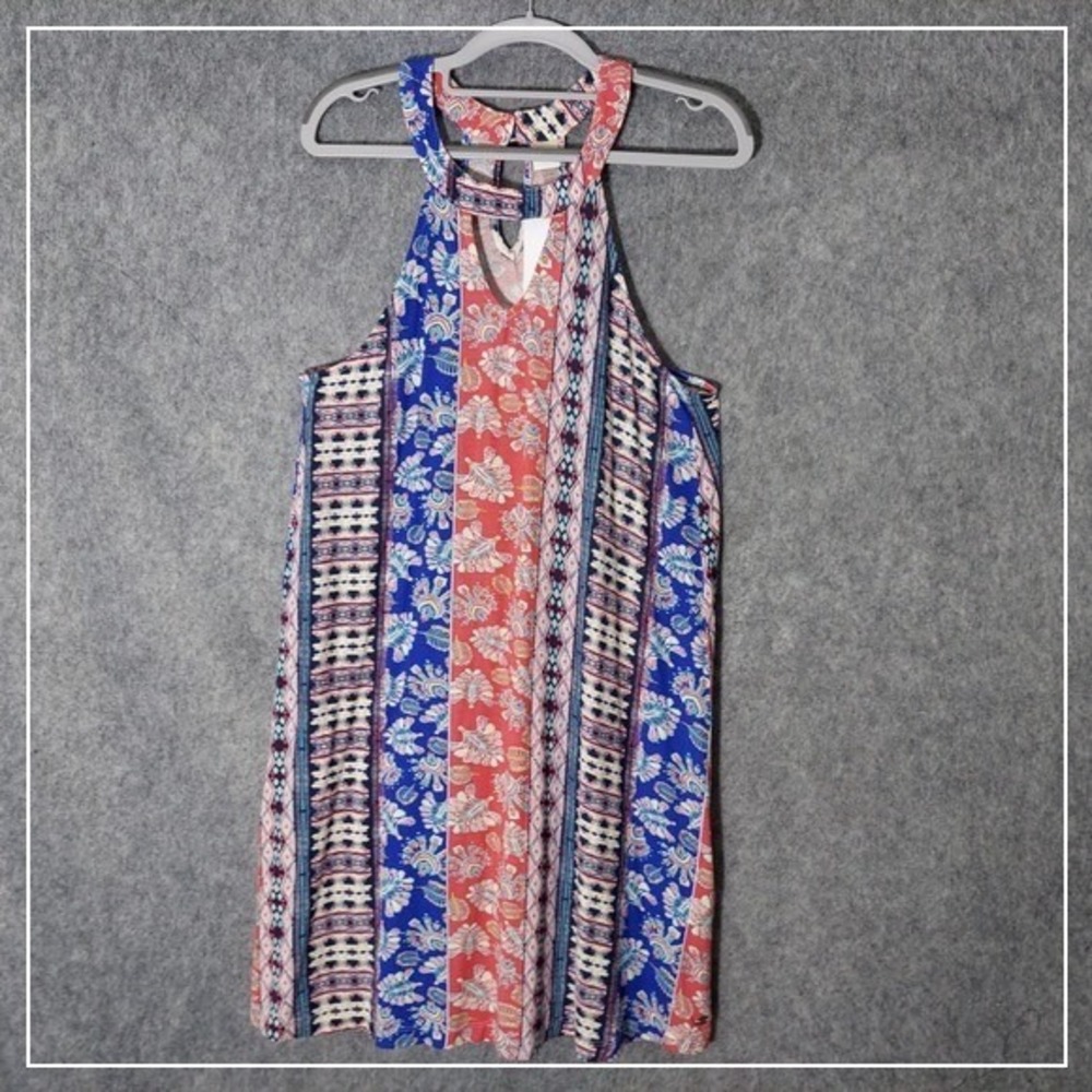 Roxy Dress S Patchwork Floral Sleeveless Halter Cut Out Stretch Shift Boho Beach